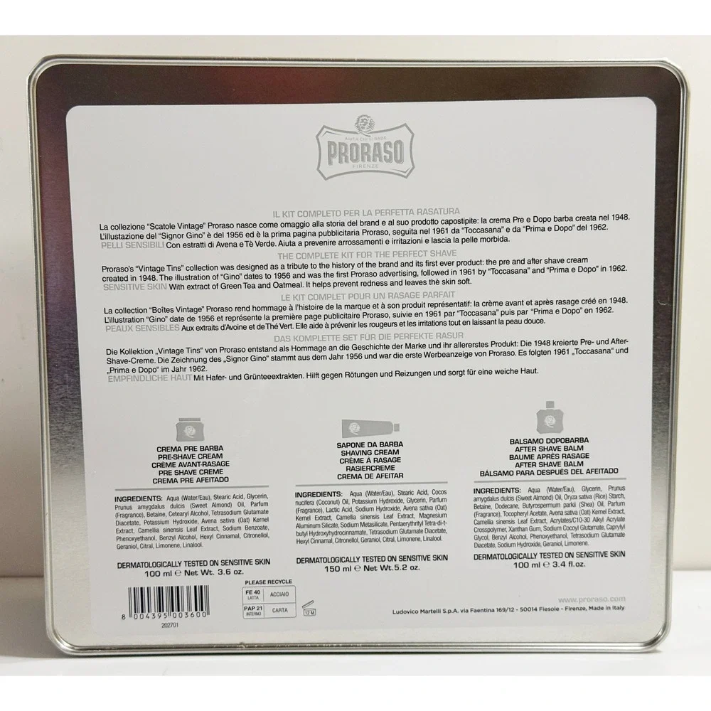 Proraso Shaving Kit Mens OS White Sensitive Skin Vintage Gino Tin 3pc Set